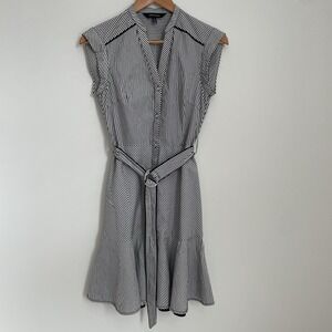 Karen‎ Millen Black White Stripe Cotton Dress Belted Fit Flare US 2